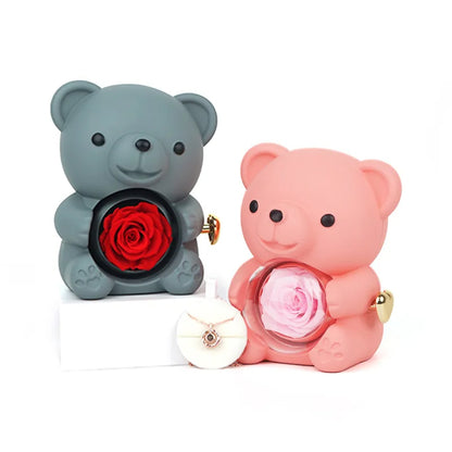 Eternal Rose Teddy Bear with Necklace – Luxury Rotating Jewelry Box Gift Set for Her (Valentine’s, Anniversary, Birthday)