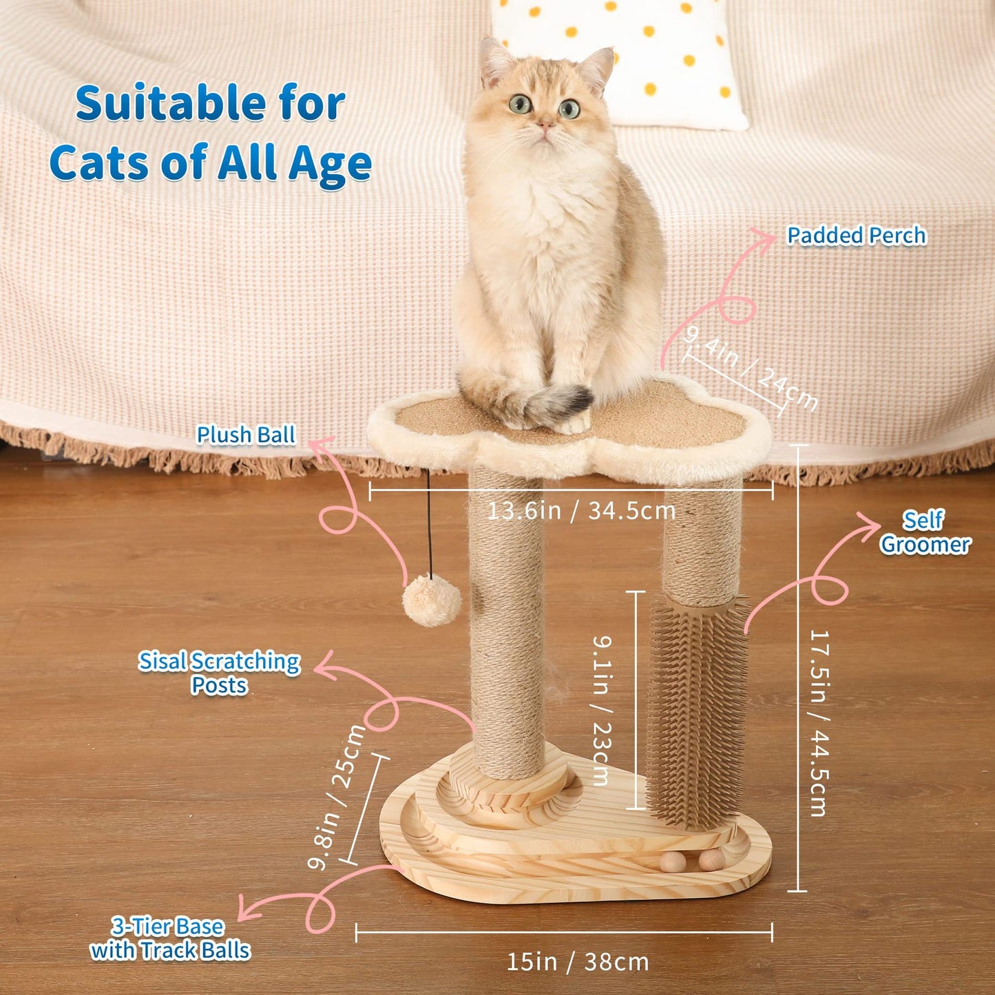 4-in-1 Cloud Cat Scratching Post with Ball Track & Groomer | Multi-Level Cat Tower Play Center