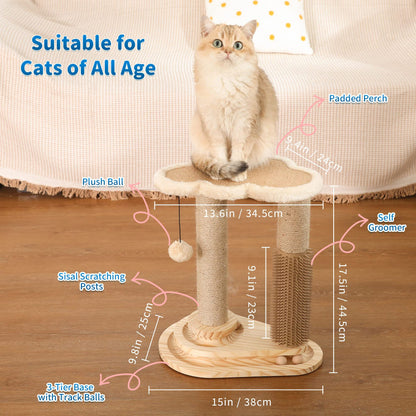 4-in-1 Cloud Cat Scratching Post with Ball Track & Groomer | Multi-Level Cat Tower Play Center
