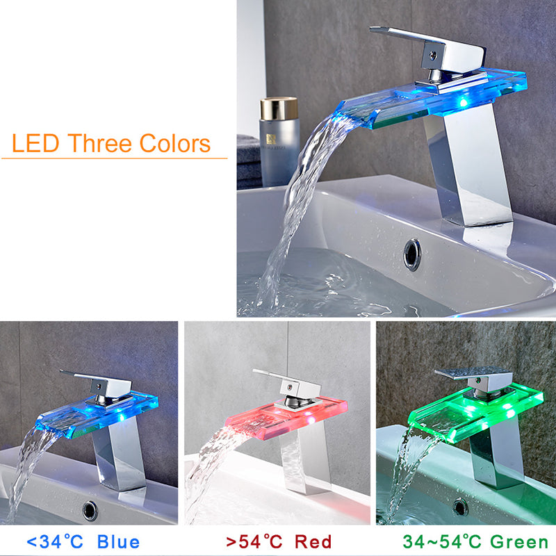 LED Waterfall Bathroom Faucet – Colour-Changing Temperature Indicator (Self-Powered, No Batteries)