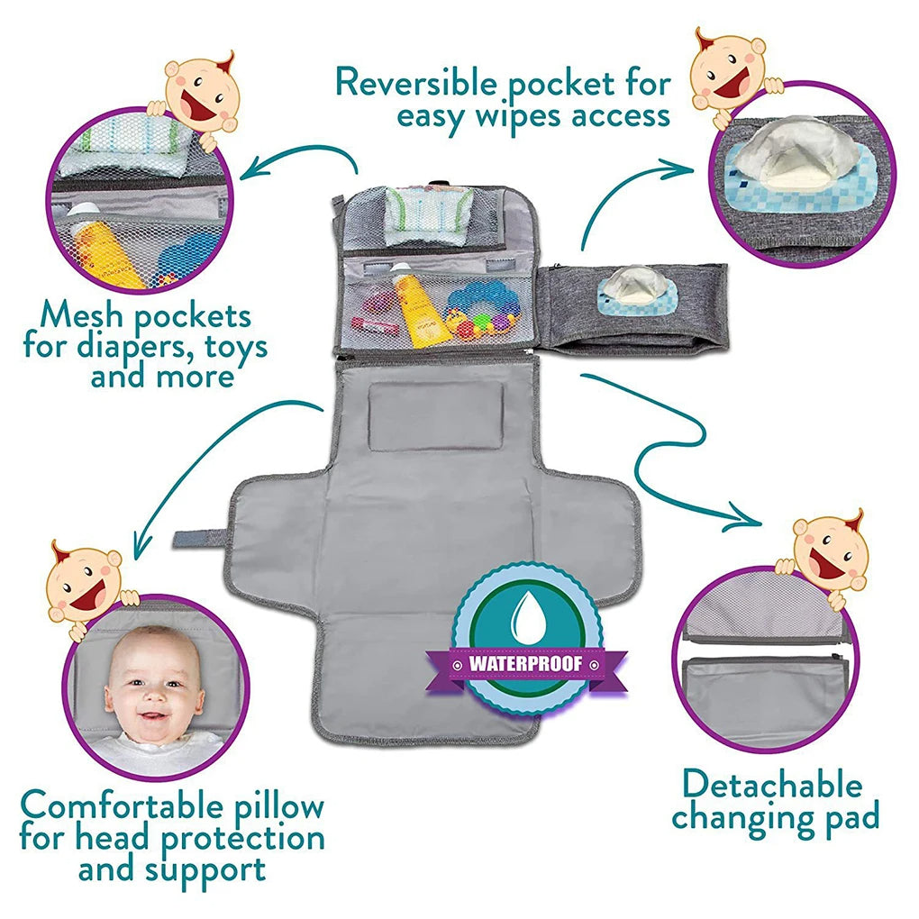 Portable Diaper Changing Pad Clutch – Waterproof Travel Changing Station with Stroller Straps
