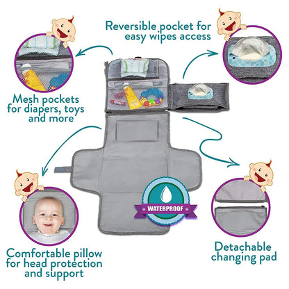 Portable Diaper Changing Pad Clutch – Waterproof Travel Changing Station with Stroller Straps