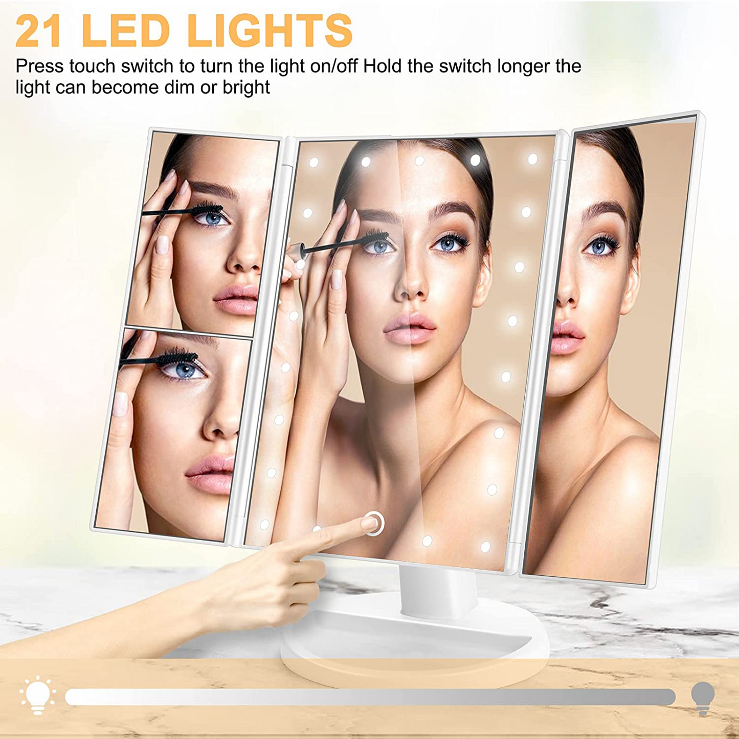 3-Panel LED Makeup Mirror with 2X/3X Magnification | Touch-Control 3-Color Light Vanity Mirror | Foldable & Rechargeable