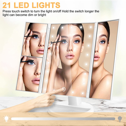 3-Panel LED Makeup Mirror with 2X/3X Magnification | Touch-Control 3-Color Light Vanity Mirror | Foldable & Rechargeable
