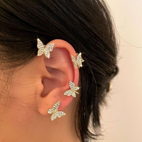 4-Piece Crystal Butterfly Ear Cuffs No Piercing | Gold Butterfly Climber Earrings Set