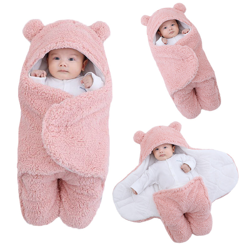 Newborn Teddy Bear Swaddle Wrap with Ears 0-9 Months | Ultra-Soft Fleece Baby Sleeping Bag Blanket