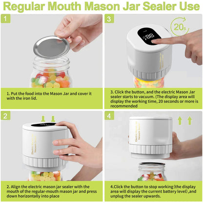 Electric Mason Jar Vacuum Sealer Kit – Cordless Automatic Food Saver for Wide & Regular Mouth Jars (Includes 10 Lids)