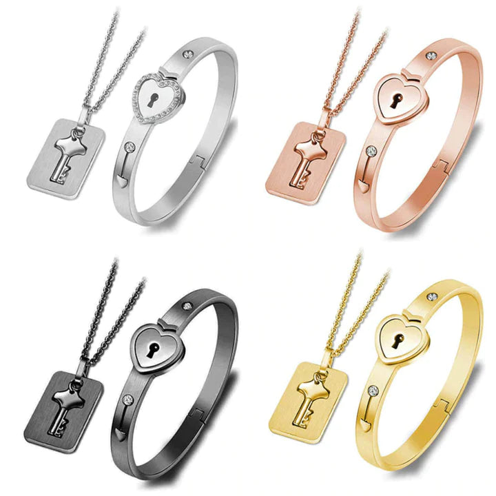 Couples Lock and Key Bracelet Necklace Set – Matching Heart Padlock Bangle & Key Pendant for Lovers