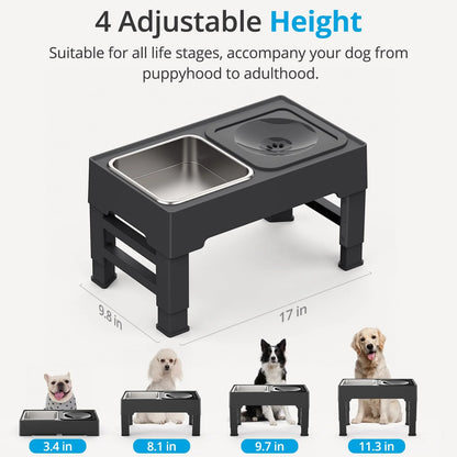 Adjustable Elevated Dog Bowls 4 Heights with Slow Feeder & No-Spill Water Bowl | Raised Feeder for Medium & Large Dogs