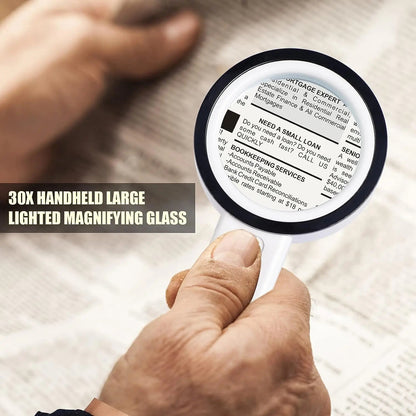 30X Handheld Magnifying Glass with 12 LED Lights | Real Glass Lens Illuminated Magnifier for Reading & Hobbies