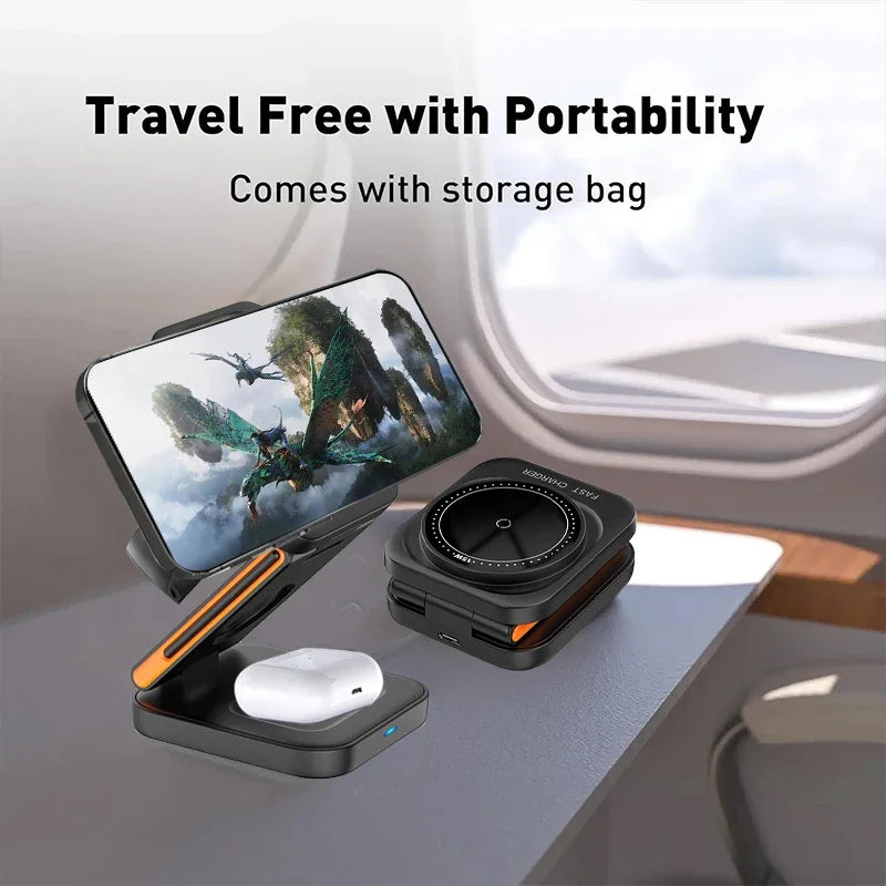 3-in-1 Foldable Wireless Charging Station – MagSafe Compatible Charger for iPhone, Apple Watch &amp; AirPods