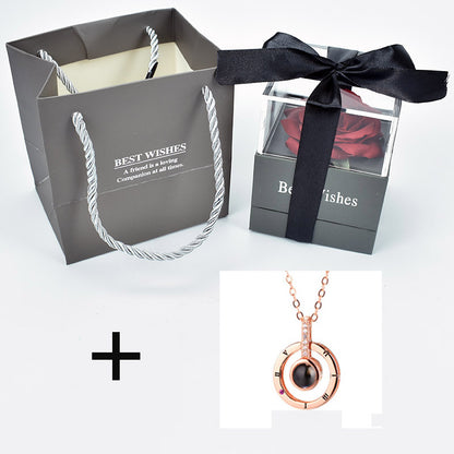 Preserved Eternal Rose with “I Love You” in 100 Languages Necklace – Forever Rose Jewelry Gift Box Set for Her