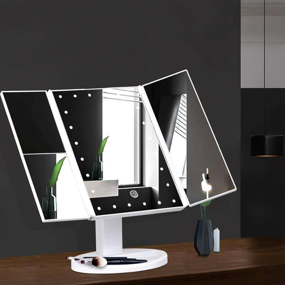 3-Panel LED Makeup Mirror with 2X/3X Magnification | Touch-Control 3-Color Light Vanity Mirror | Foldable & Rechargeable