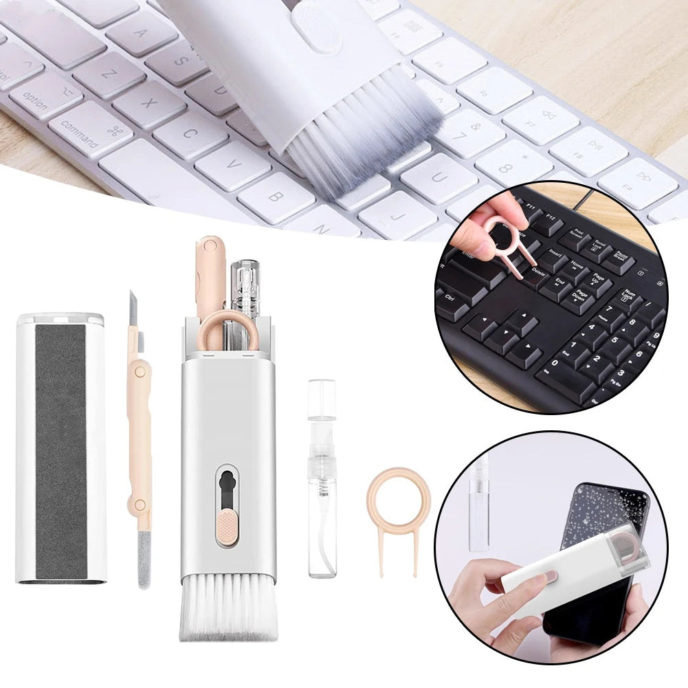 7-in-1 Electronics Cleaner Kit – AirPods, Keyboard, Phone, Laptop & Screen Cleaning Kit with Keycap Puller & Spray (Pink/White/Blue)