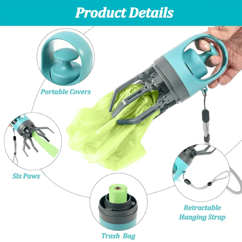 Portable 3-in-1 Dog Poop Scooper with Built-in Bag Dispenser & Odor-Proof Bin – Hands-Free Pet Waste Picker with Trigger Claw