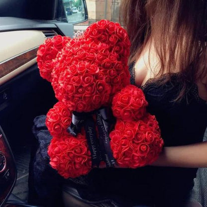 40 cm Rose Bear Teddy – Handmade Artificial Rose Flower Bear with Gift Box, Perfect Romantic Gift for Her