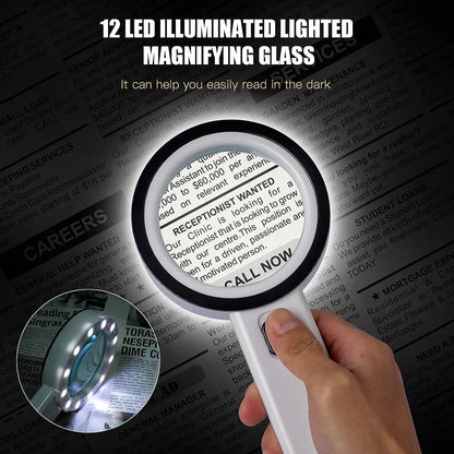 30X Handheld Magnifying Glass with 12 LED Lights | Real Glass Lens Illuminated Magnifier for Reading & Hobbies