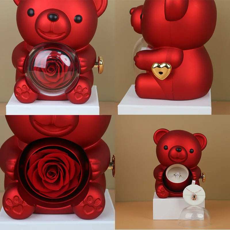 Eternal Rose Teddy Bear with Necklace – Luxury Rotating Jewelry Box Gift Set for Her (Valentine’s, Anniversary, Birthday)