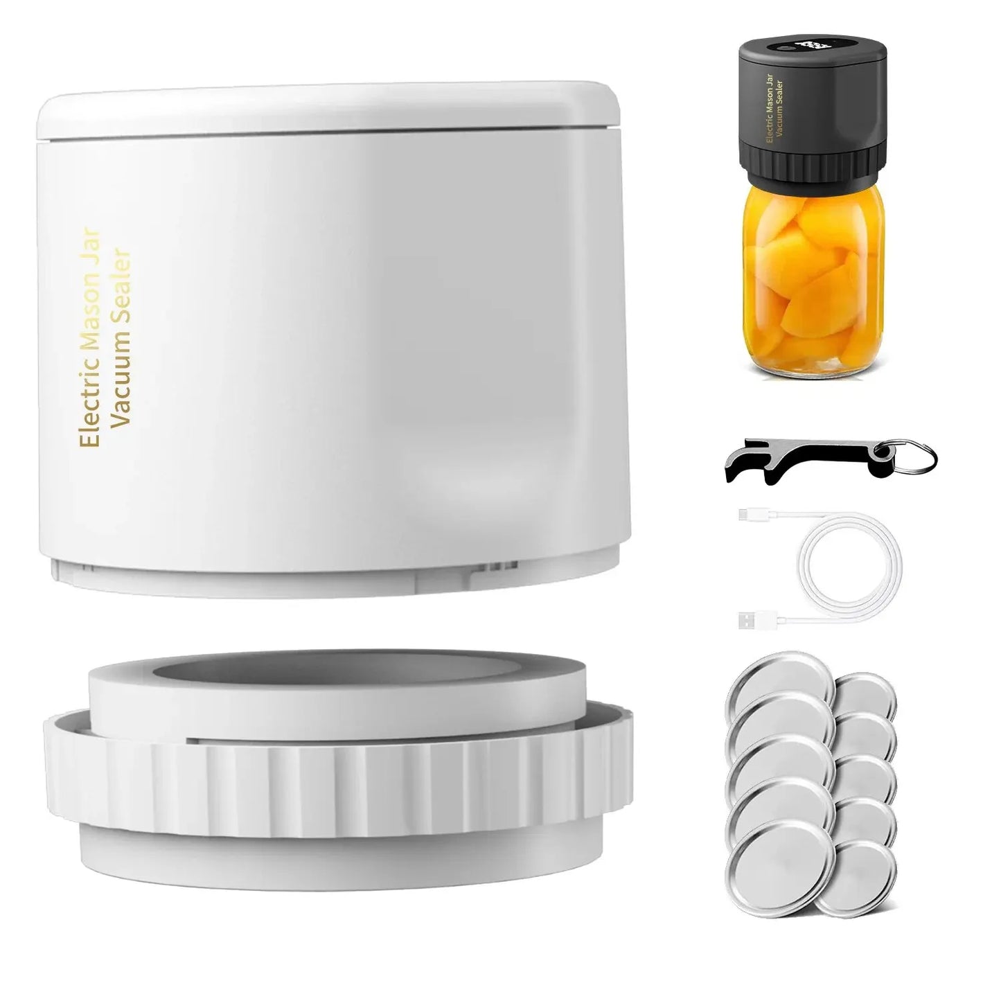 Electric Mason Jar Vacuum Sealer Kit – Cordless Automatic Food Saver for Wide & Regular Mouth Jars (Includes 10 Lids)