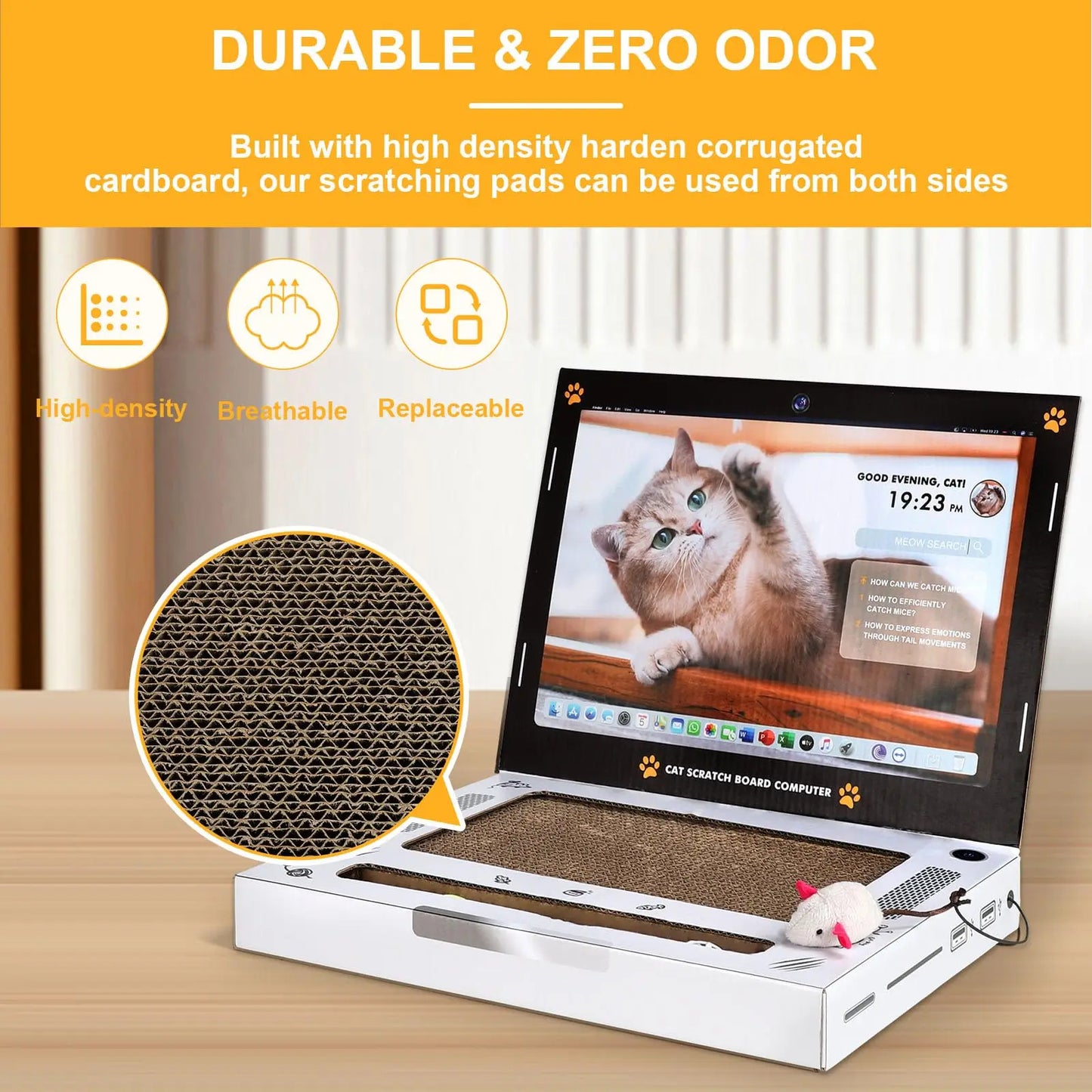 Laptop Cat Scratcher with Mouse Toy & Ball Track | Funny Cardboard Cat Scratching Board