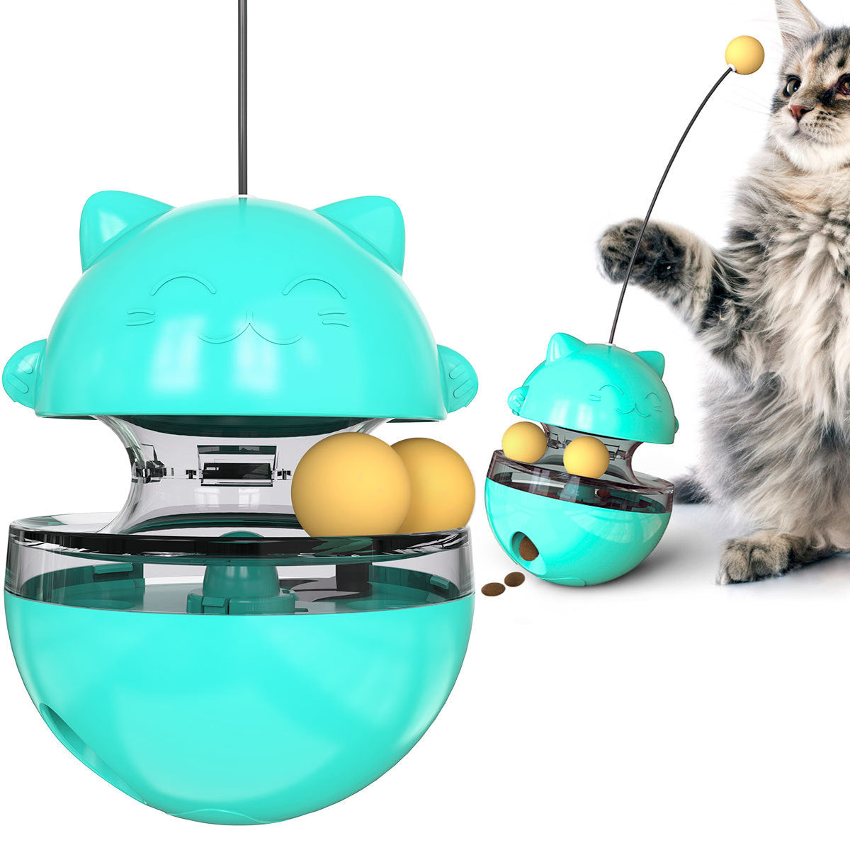 Interactive Cat Treat Ball Tumbler with Feather Wand | Slow Feeder IQ Toy for Cats & Kittens