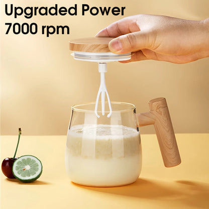 Self-Stirring Glass Coffee Mug 400 ml – Automatic Electric Mixing Cup with Wooden Handle