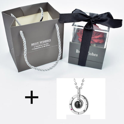 Preserved Eternal Rose with “I Love You” in 100 Languages Necklace – Forever Rose Jewelry Gift Box Set for Her