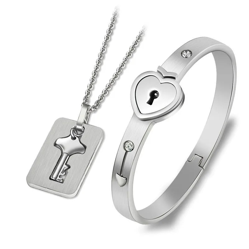 Couples Lock and Key Bracelet Necklace Set – Matching Heart Padlock Bangle & Key Pendant for Lovers