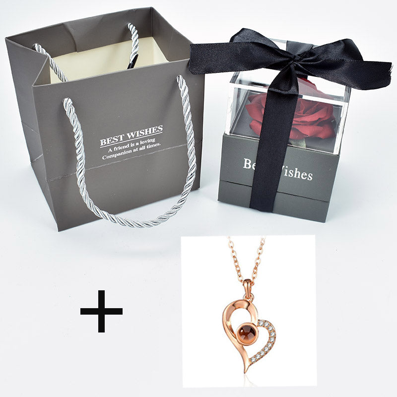 Preserved Eternal Rose with “I Love You” in 100 Languages Necklace – Forever Rose Jewelry Gift Box Set for Her