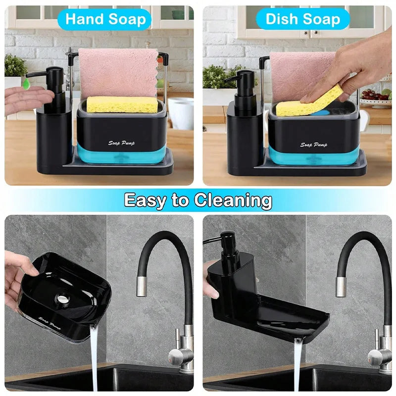 5-in-1 Kitchen Sink Organizer with Dual Soap Dispenser – Hand & Dish Soap Pump with Sponge Holder & Dishcloth Bar