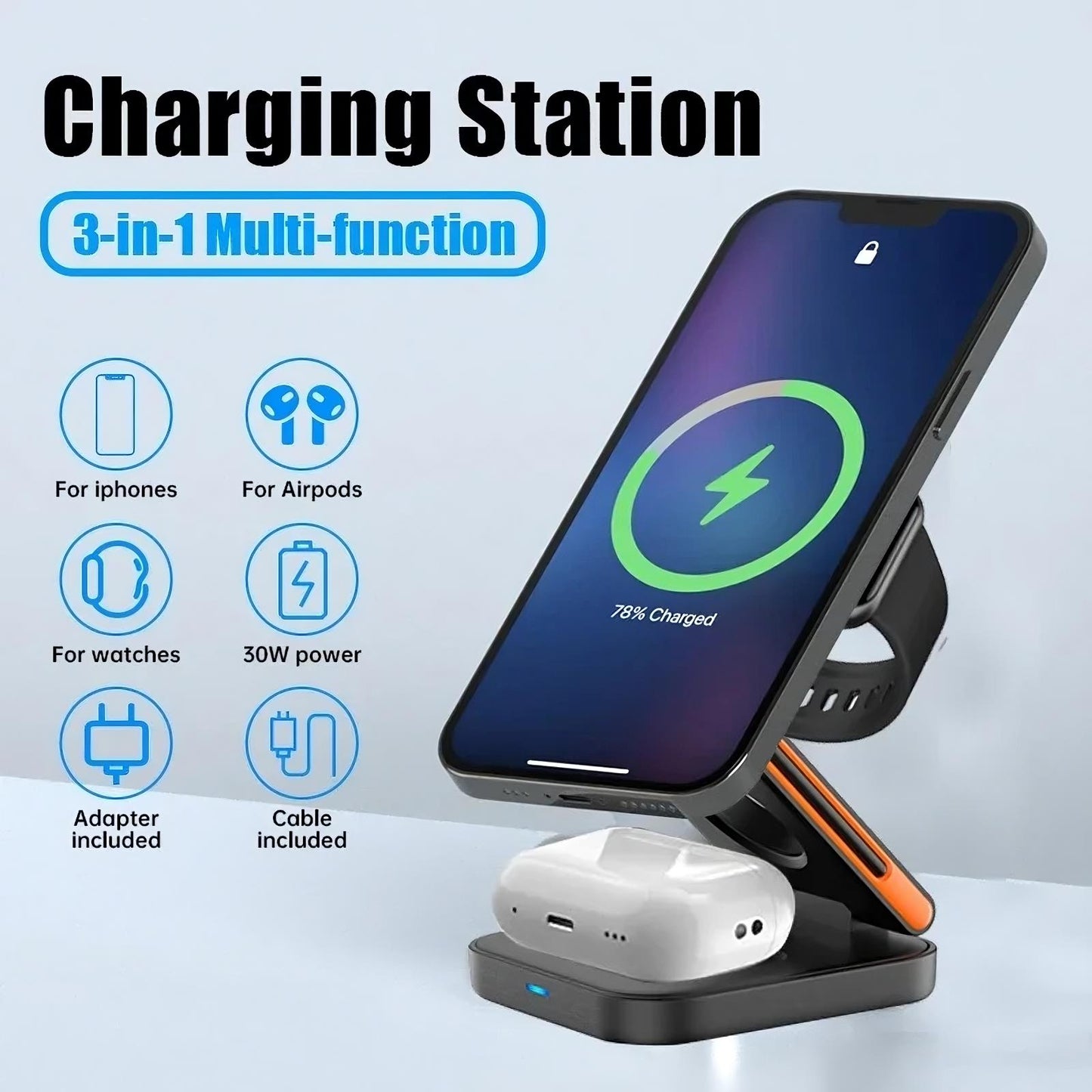 3-in-1 Foldable Wireless Charging Station – MagSafe Compatible Charger for iPhone, Apple Watch &amp; AirPods