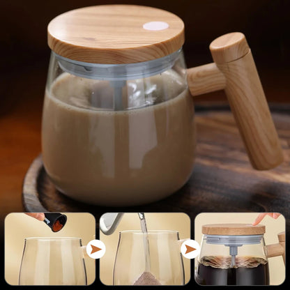 Self-Stirring Glass Coffee Mug 400 ml – Automatic Electric Mixing Cup with Wooden Handle