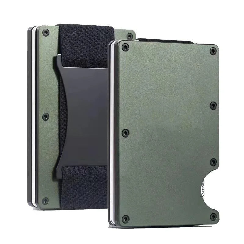 Slim RFID-Blocking Metal Card Holder Wallet with Elastic Cash Strap – Holds 15 Cards