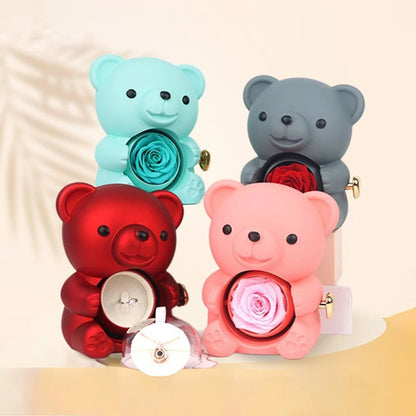 Eternal Rose Teddy Bear with Necklace – Luxury Rotating Jewelry Box Gift Set for Her (Valentine’s, Anniversary, Birthday)