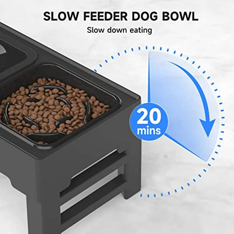 Adjustable Elevated Dog Bowls 4 Heights with Slow Feeder & No-Spill Water Bowl | Raised Feeder for Medium & Large Dogs