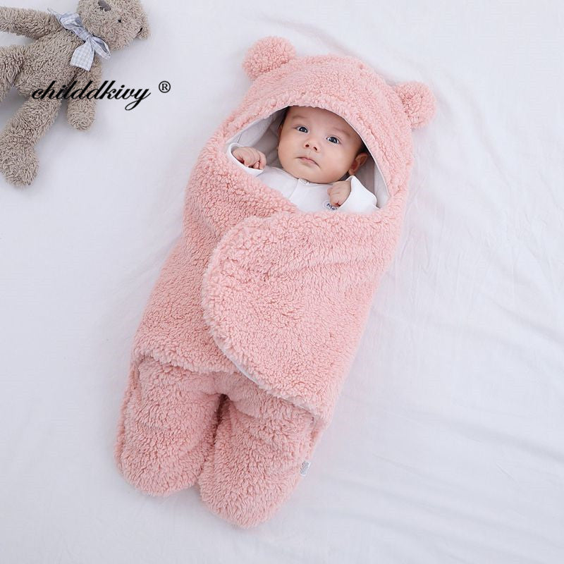 Newborn Teddy Bear Swaddle Wrap with Ears 0-9 Months | Ultra-Soft Fleece Baby Sleeping Bag Blanket