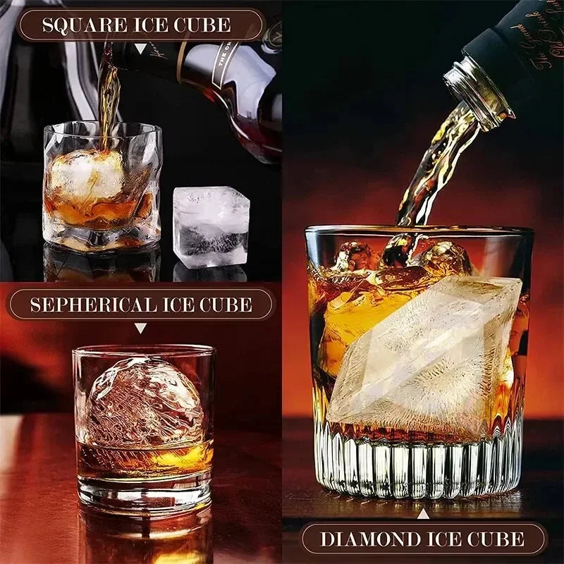Crystal Clear Ice Ball Maker Set – Sphere, Cube & Diamond Silicone Ice Molds with Lids – Whiskey & Cocktail Ice Tray Gift