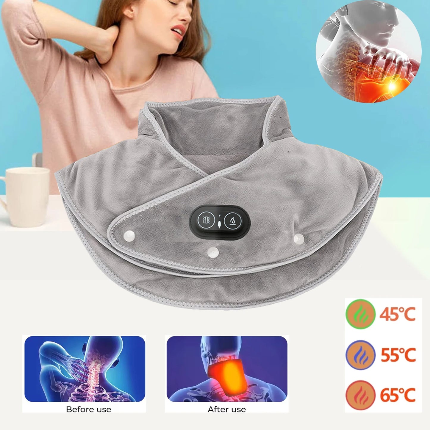 Electric Heated Neck & Shoulder Pad – USB Powered Heating Wrap with Vibration Massage, 3 Heat Levels