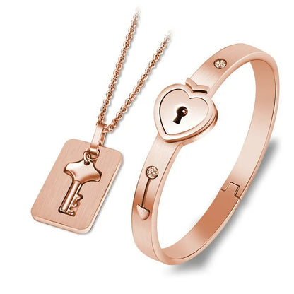 Couples Lock and Key Bracelet Necklace Set – Matching Heart Padlock Bangle & Key Pendant for Lovers