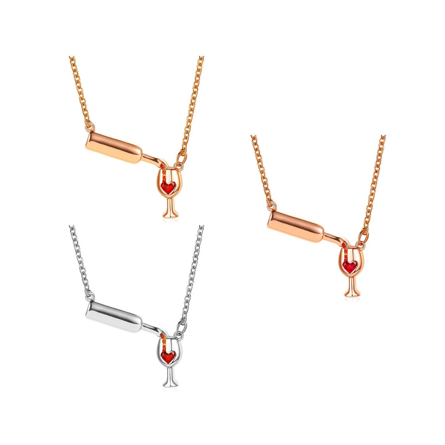 Wine Bottle & Glass Necklace with Red Heart Crystal | Rose Gold / Gold / Silver Pouring Wine Pendant
