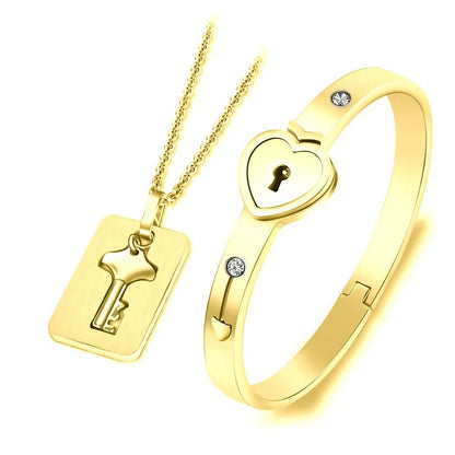 Couples Lock and Key Bracelet Necklace Set – Matching Heart Padlock Bangle & Key Pendant for Lovers