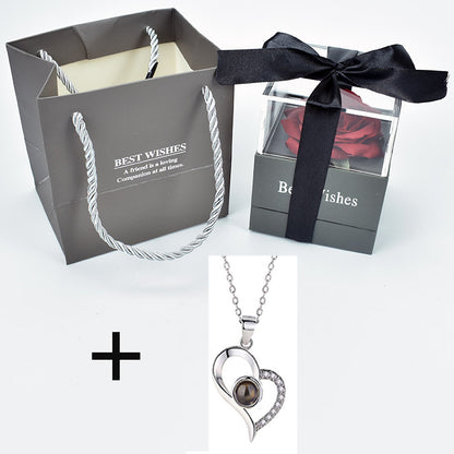Preserved Eternal Rose with “I Love You” in 100 Languages Necklace – Forever Rose Jewelry Gift Box Set for Her