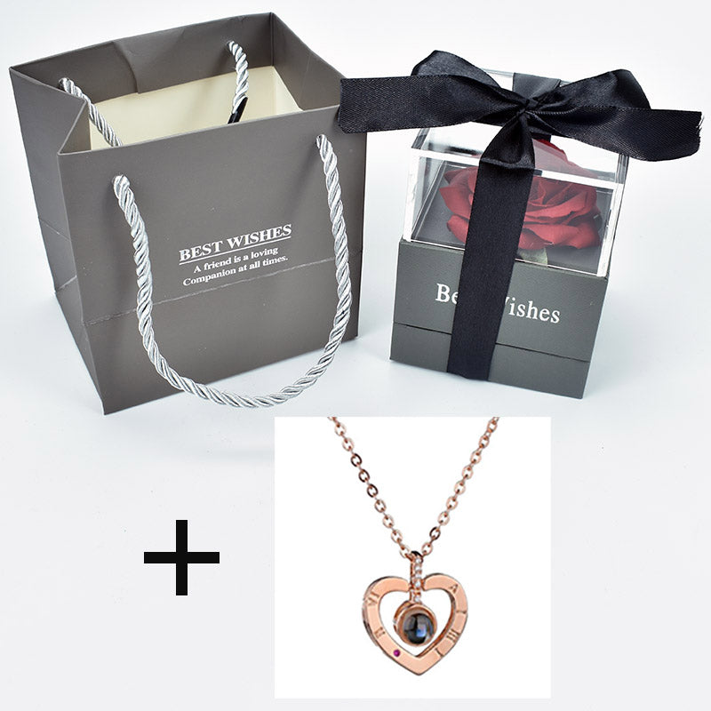 Preserved Eternal Rose with “I Love You” in 100 Languages Necklace – Forever Rose Jewelry Gift Box Set for Her