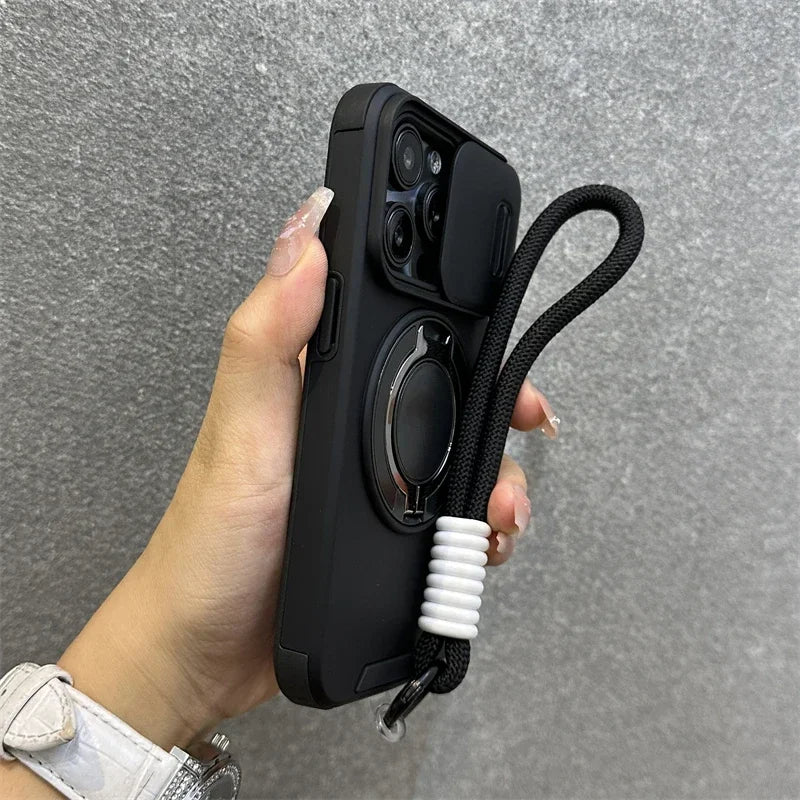 iPhone Armor Case with Slide Camera Cover, MagSafe, Kickstand & Wrist Strap – Full Protection