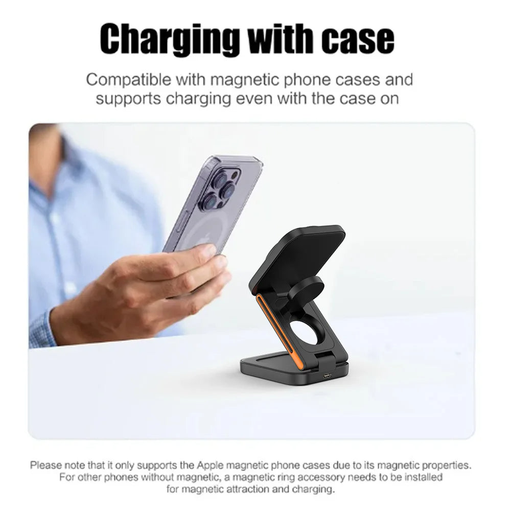 3-in-1 Foldable Wireless Charging Station – MagSafe Compatible Charger for iPhone, Apple Watch &amp; AirPods