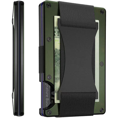 Slim RFID-Blocking Metal Card Holder Wallet with Elastic Cash Strap – Holds 15 Cards