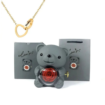 Eternal Rose Teddy Bear with Necklace – Luxury Rotating Jewelry Box Gift Set for Her (Valentine’s, Anniversary, Birthday)