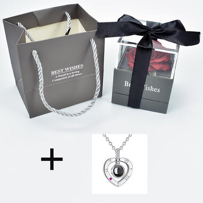 Preserved Eternal Rose with “I Love You” in 100 Languages Necklace – Forever Rose Jewelry Gift Box Set for Her