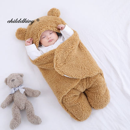 Newborn Teddy Bear Swaddle Wrap with Ears 0-9 Months | Ultra-Soft Fleece Baby Sleeping Bag Blanket
