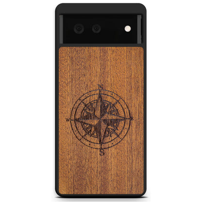 Compass Engraved Mahogany Wood iPhone Case – Luxury MagSafe Compatible Slim Protective Phone Cover